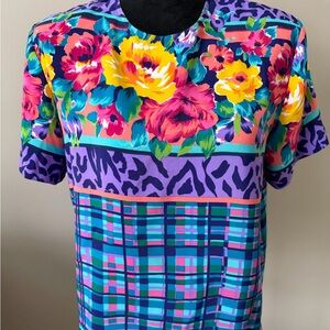 S.G. Sport Vintage Medium Colorful Floral and Plaid Blouse